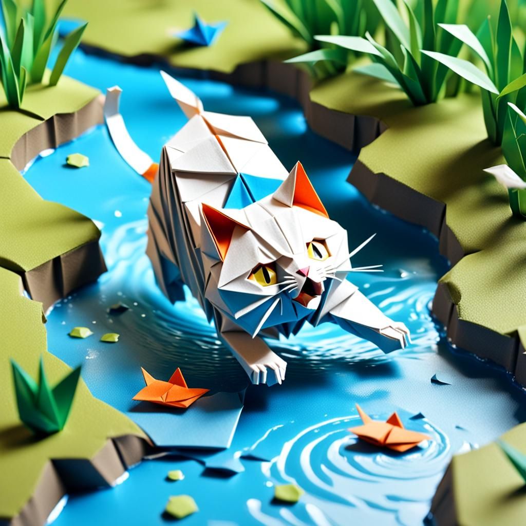 Origami Cat Playing in Stream Artwork