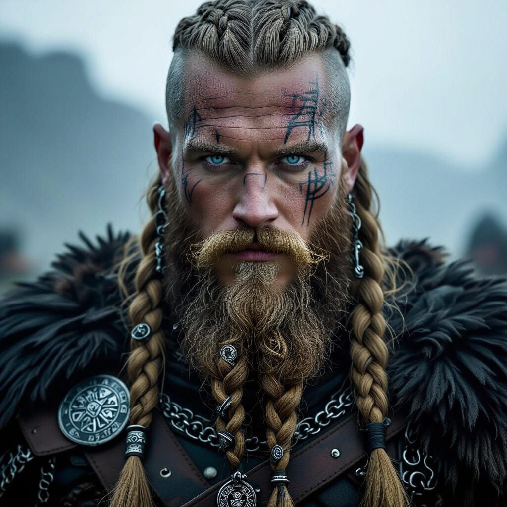 Viking King Portrait with Battle Scars in Cinematic Style