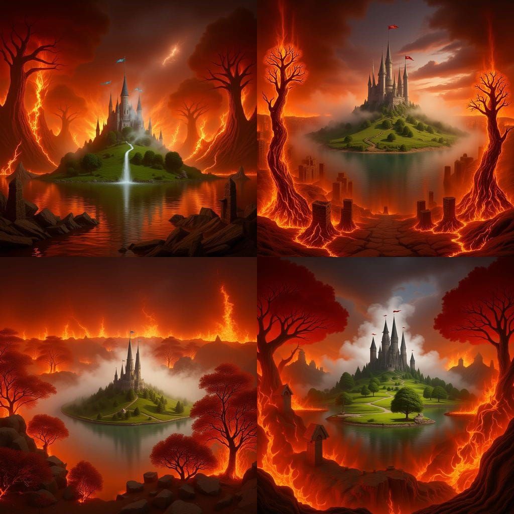 Fiery Fantasy Landscape with Hidden Paradise Castle