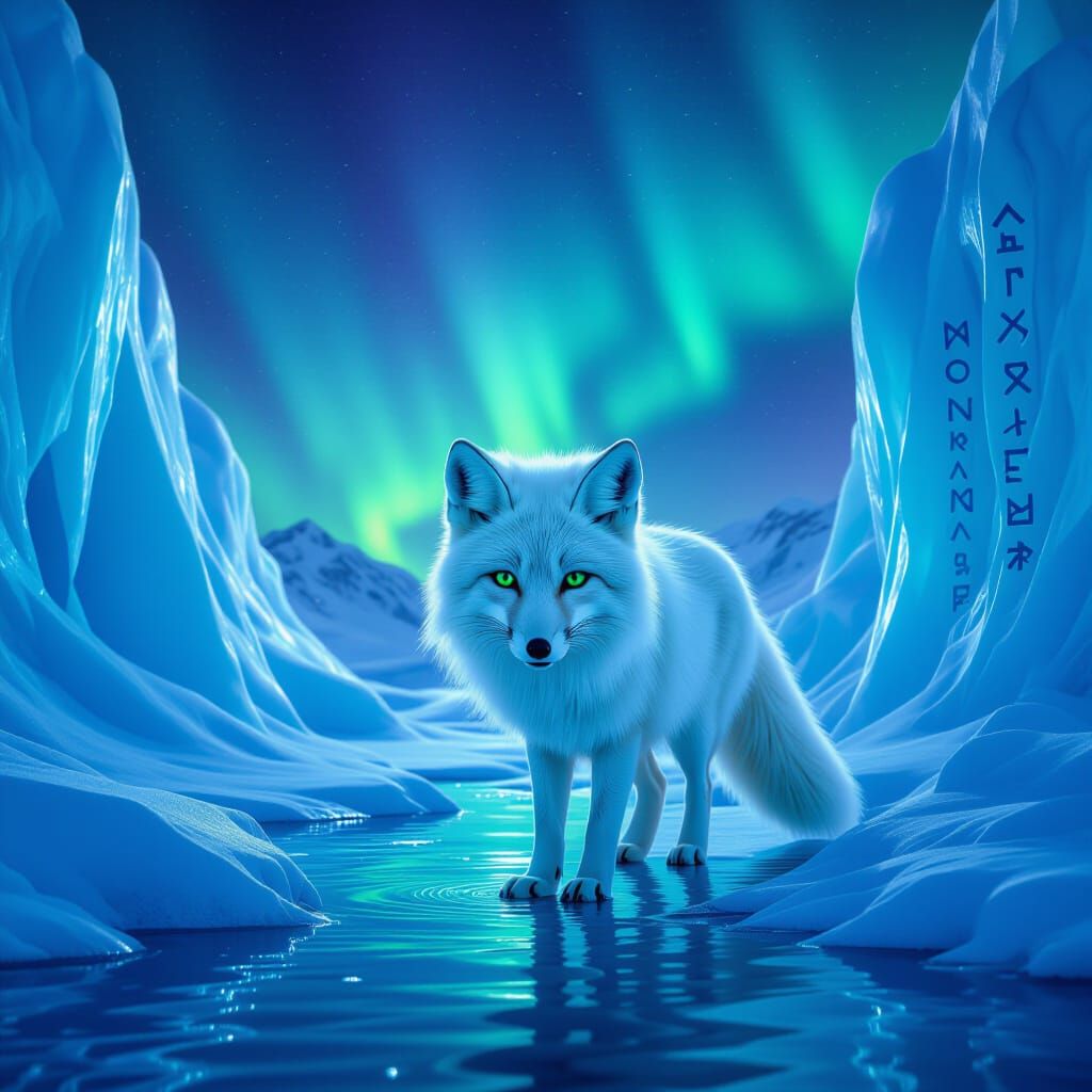 Arctic Fox Under Aurora Borealis in Surreal Glacial Landscap...