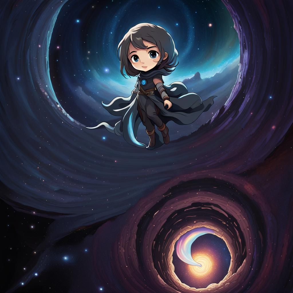 Envision an intense moment where the chibi astronomer is pul...