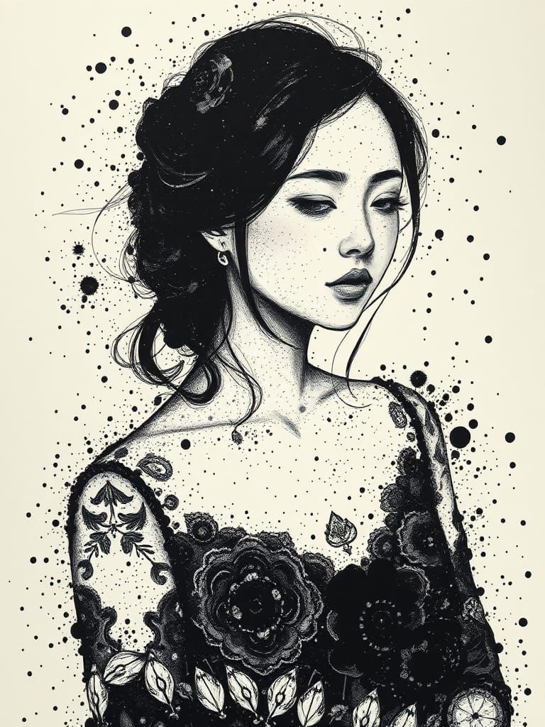 Pointillist Ink Mosaic of Woman in Lace