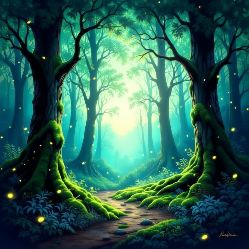 Magical Forest Night with Glowing Fireflies