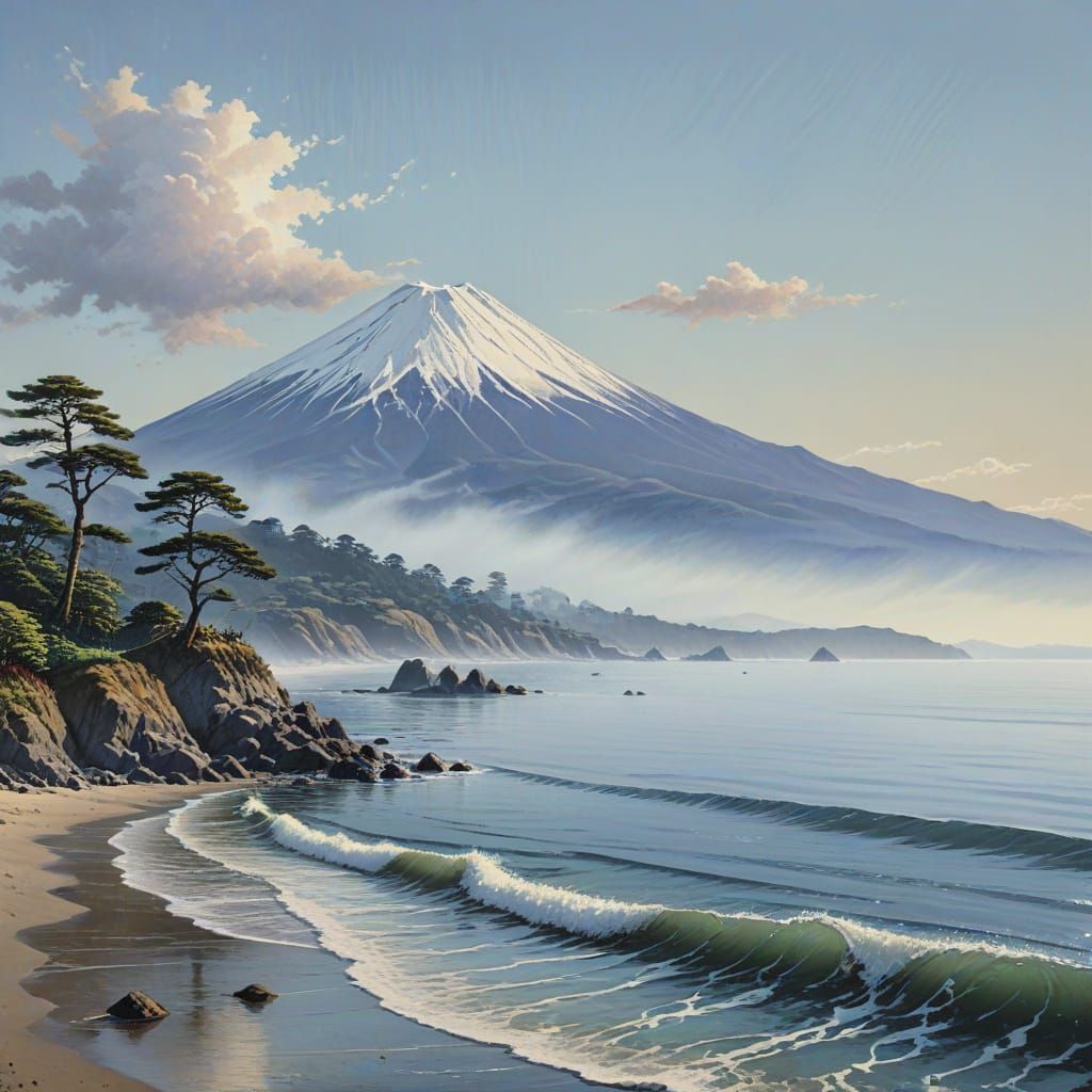 Serene Suruga Bay Landscape with Mount Fuji in Woodblock Sty...