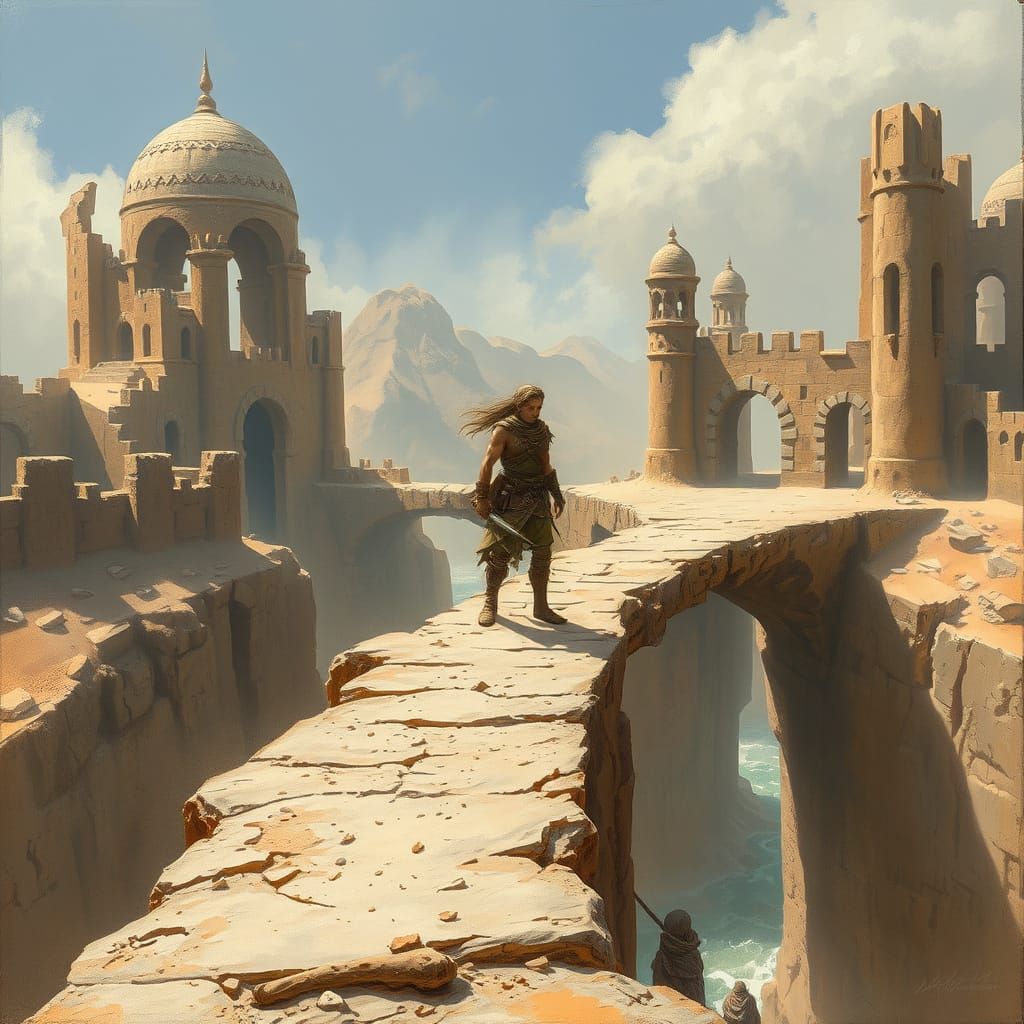 Heroic Fantasy Warrior Guards Ancient Bridge of Sand and Bon...