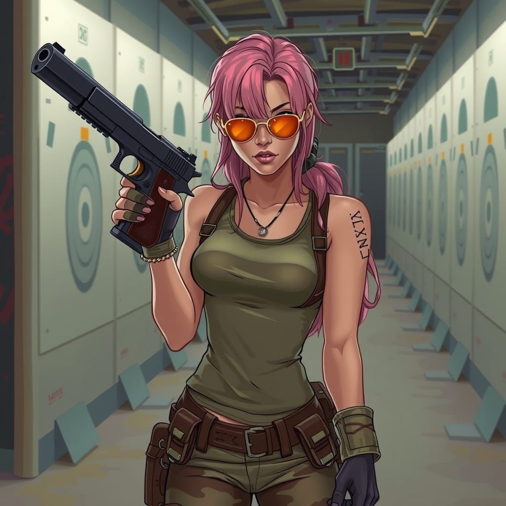 Camo Lara Croft with Desert Eagle: Comic Book Art