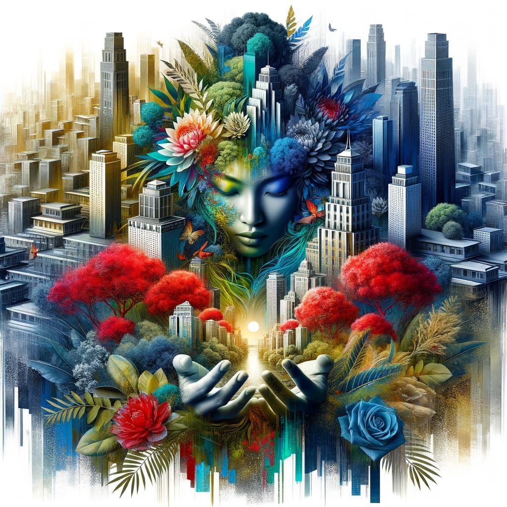 Monochromatic Cityscape with Jungle and Woman Portrait