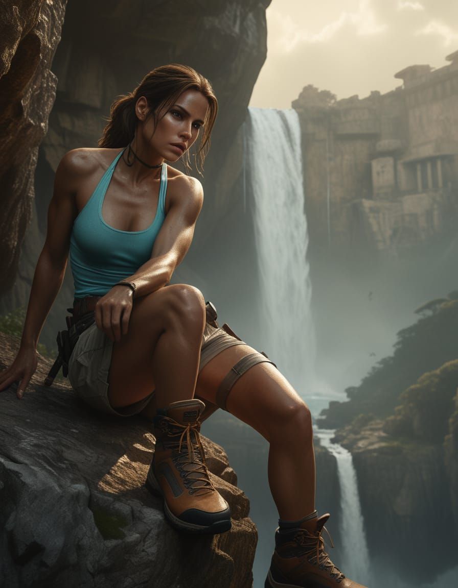 Lara Croft Hanging from Cliff in Chiaroscuro Oil Painting