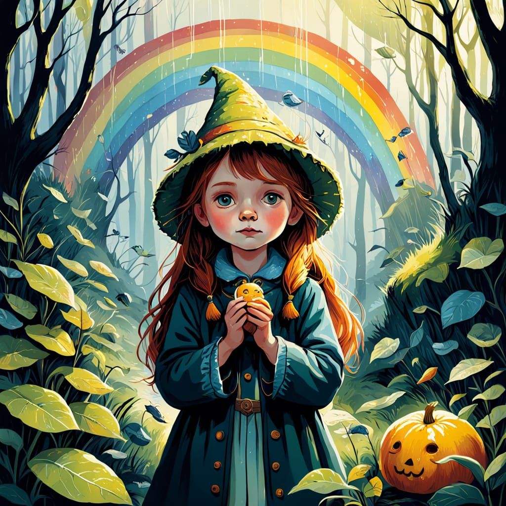 Whimsical Girl on Rainbow Over Candy Landscape
