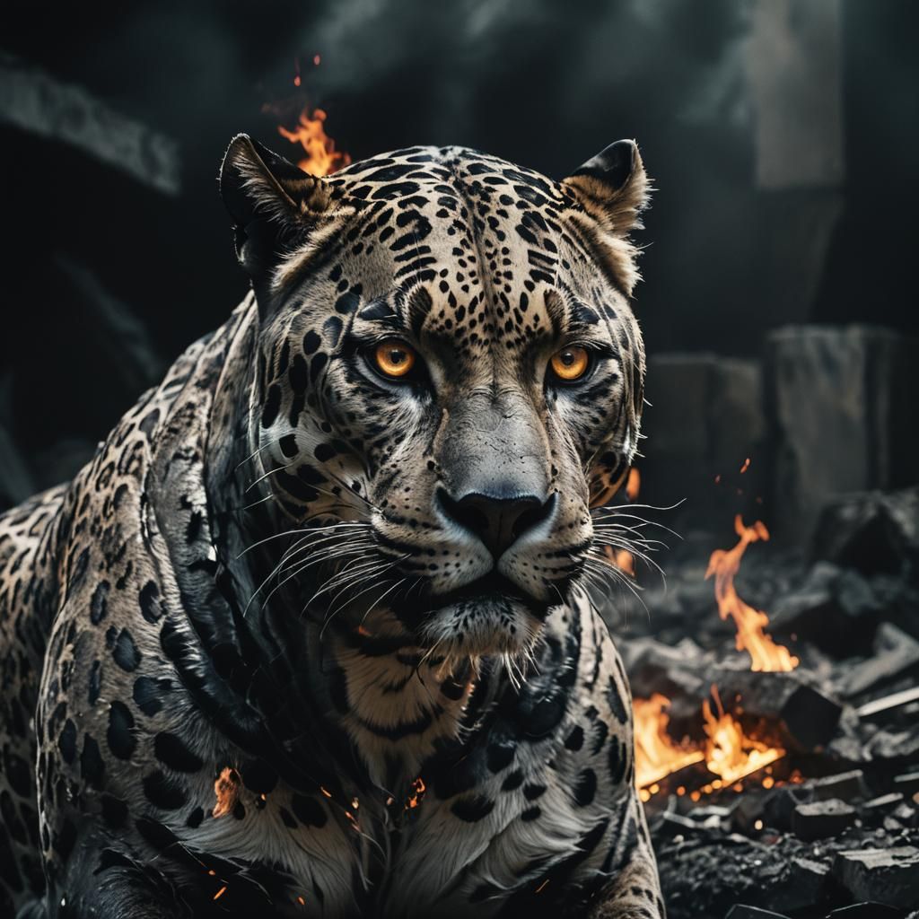 Steel Jaguar with Fire Eyes in Cyberpunk Style