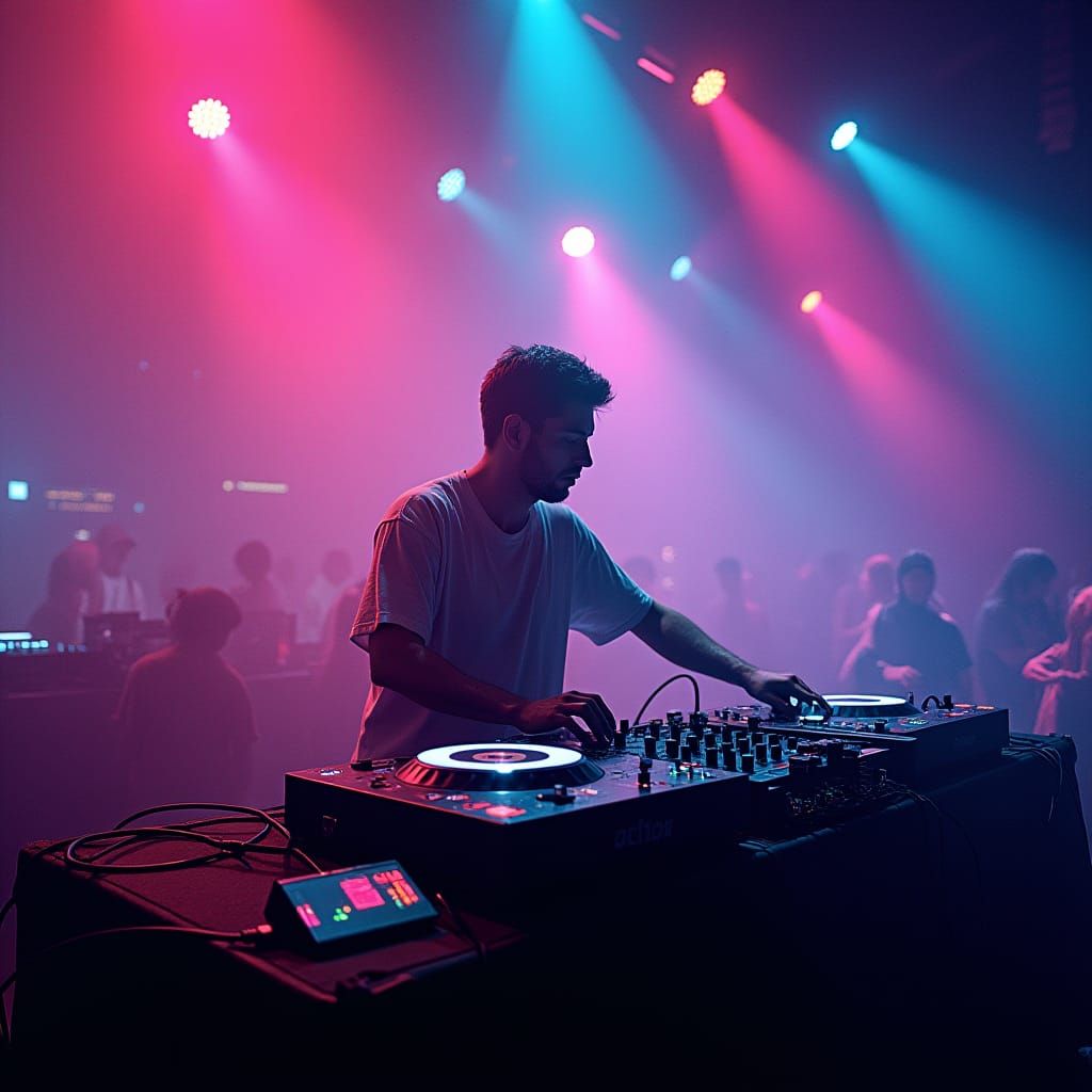 DJ Creates Sonic Masterpieces in Neon Nightclub