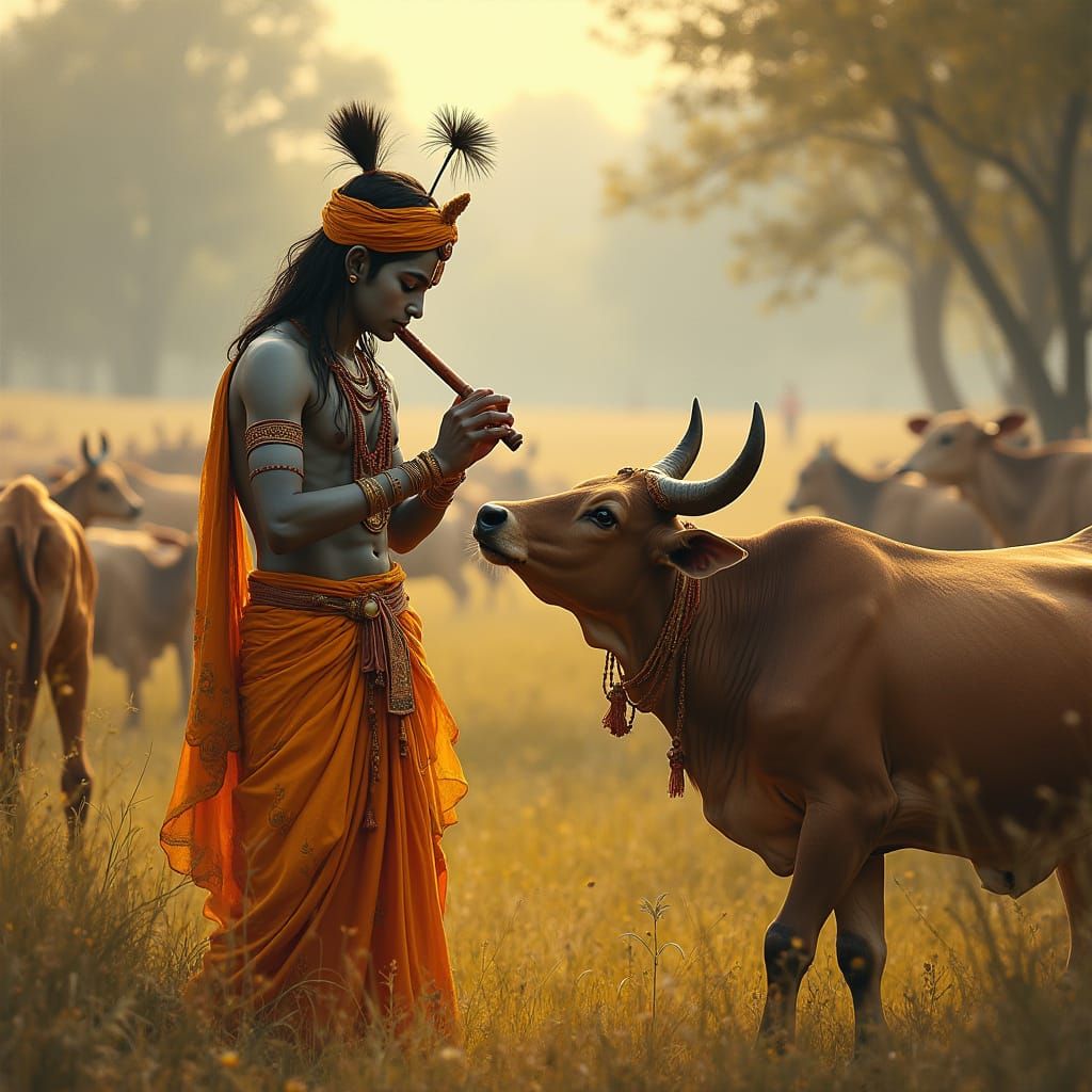 Lord Krishna and Cows in Golden Light