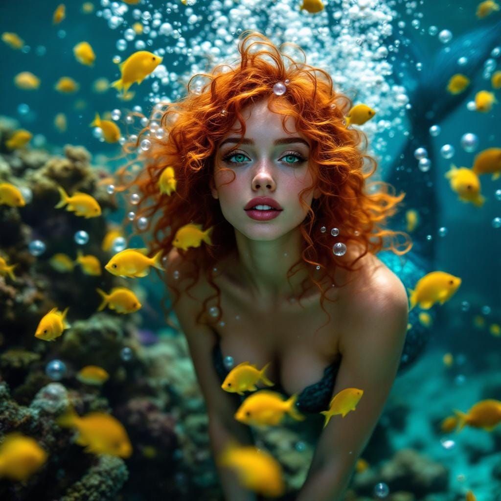 Beautiful Red-Haired Mermaid Under the Sea