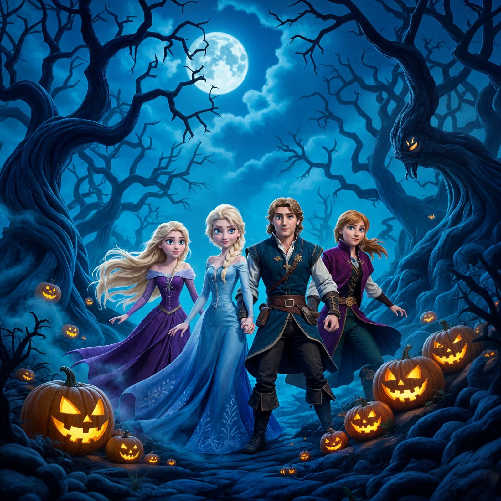 Tangled & Frozen Characters in Spooky Halloween Forest