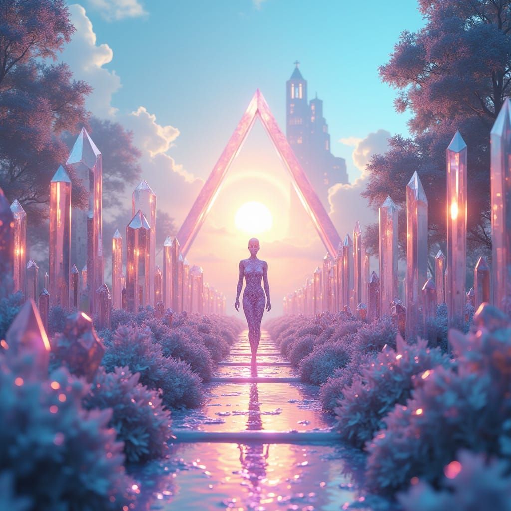 Ethereal Crystal Goddess Walking Towards the Horizon