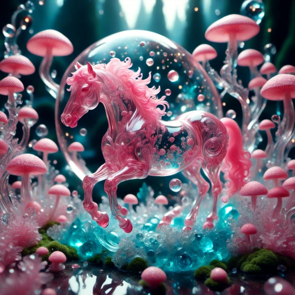 Pink Horse Running Through Mushroom Field