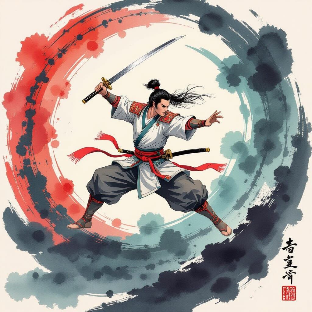 Warrior in Mid-Leap with Ink Wash and Paper Cut Art