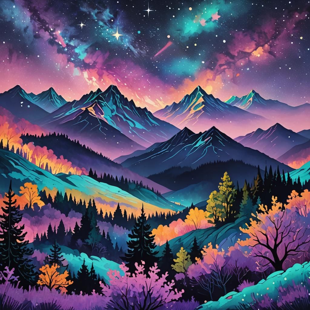 Fauvist Mountain Range Shines Under Sparkling Stars