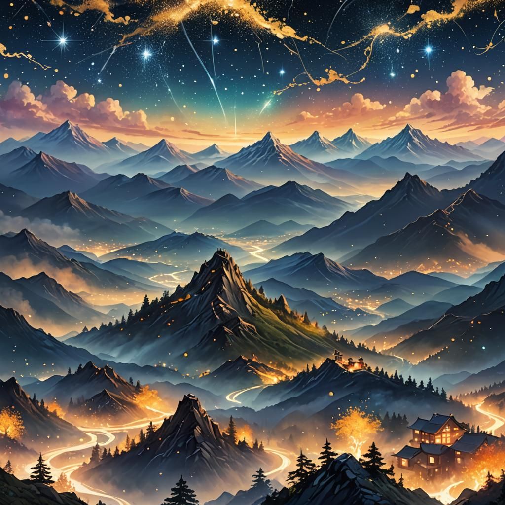 Fantasy Mountain Range Under Starry Sky