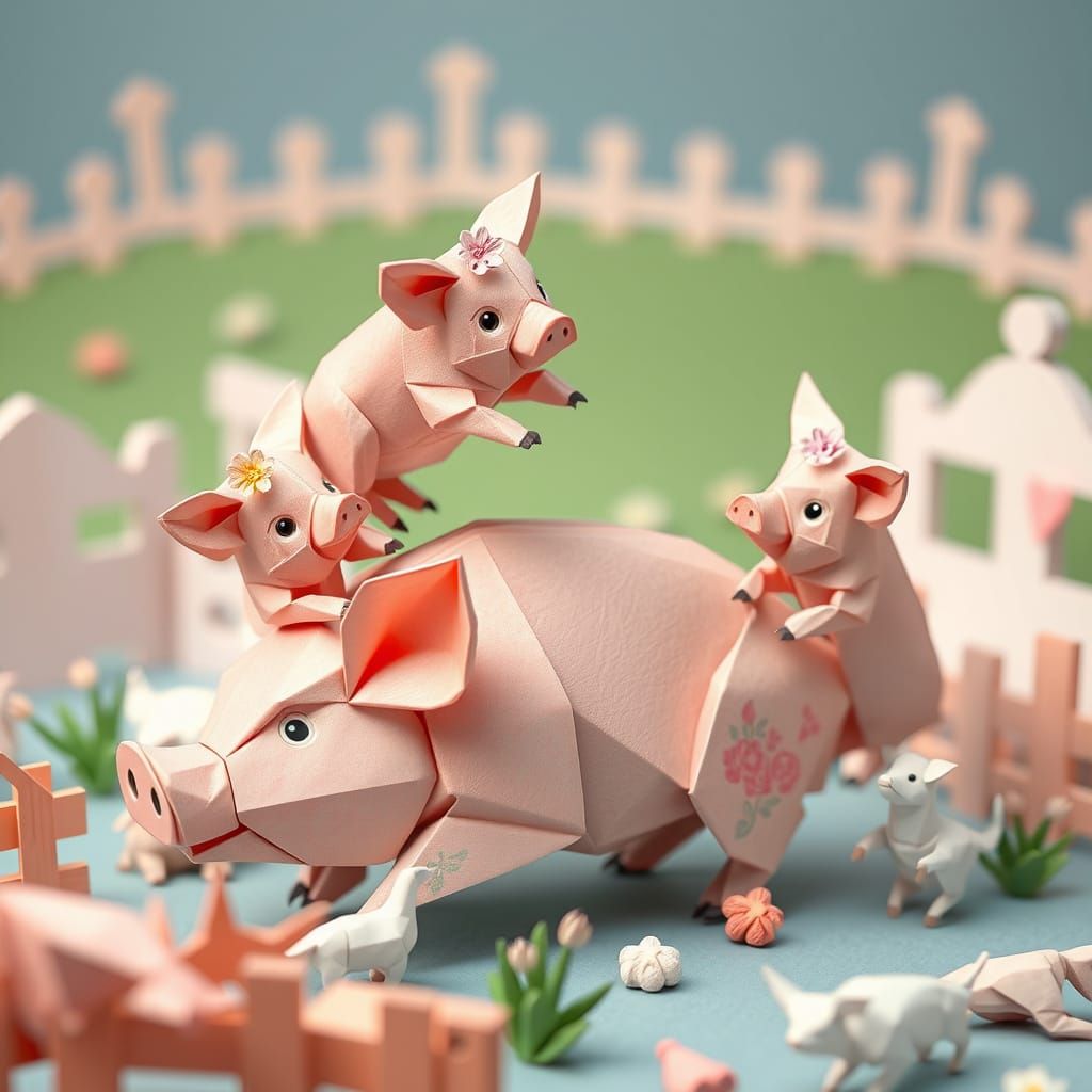 Origami Piglets with Flower Crowns in Pastel Colors