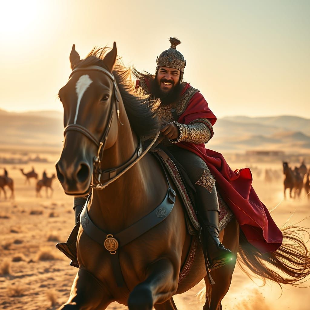Kazakh Warrior Gallops Across the Steppe in Traditional Armo...