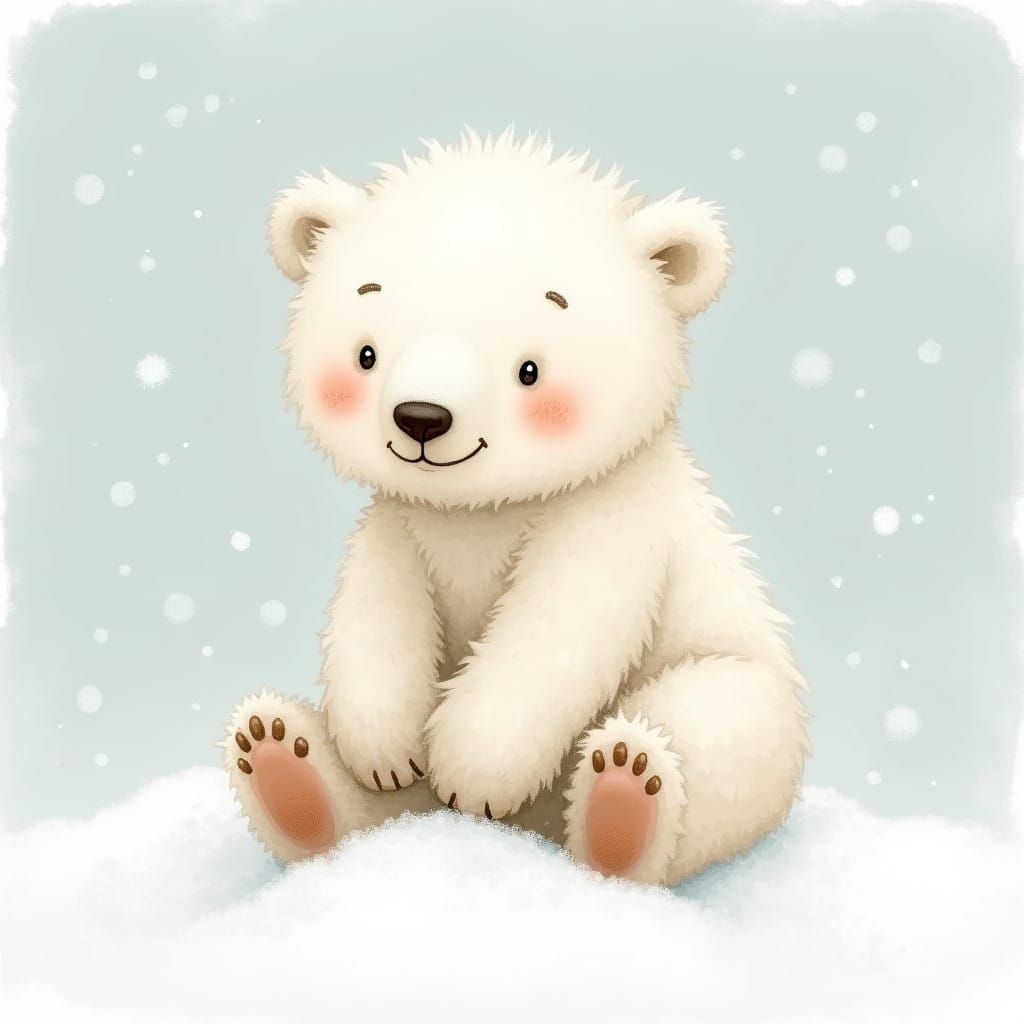 Charming Polar Bear Cub in Whimsical Snowy Scene