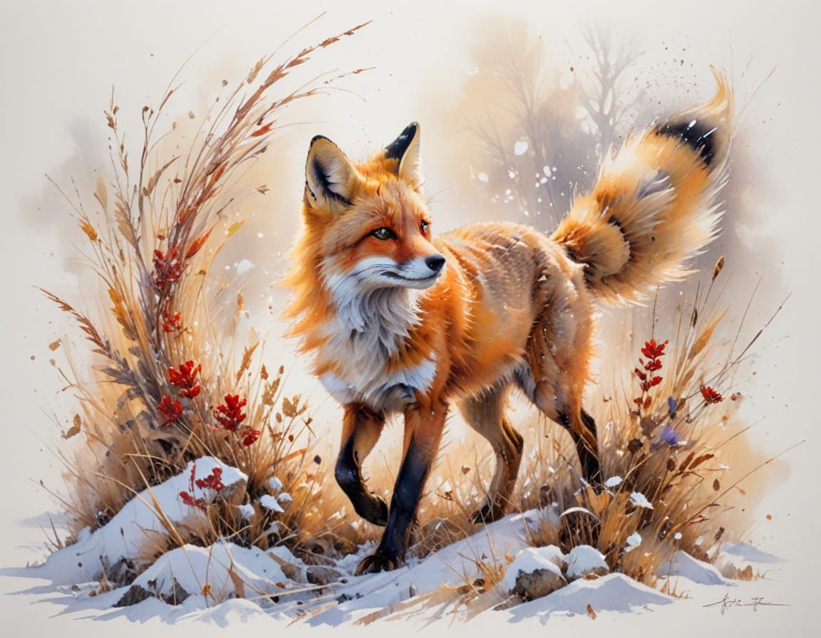Red Fox Pouncing in Winter Meadow