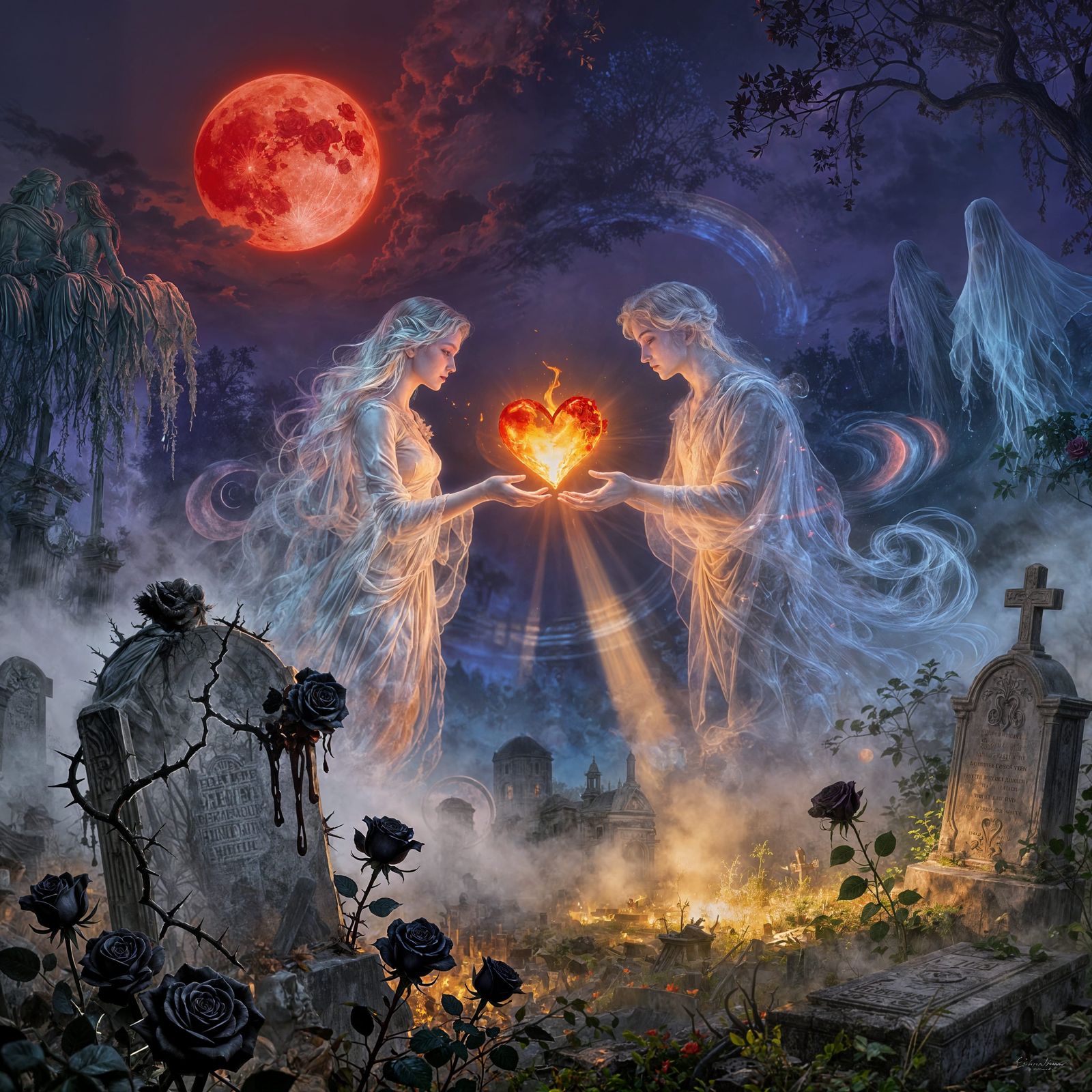 Ghostly Lovers Reunite Under Blood Moon, Ethereal Fantasy