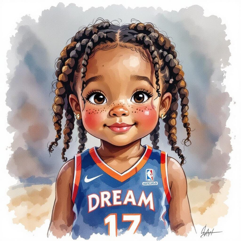 Expressive Watercolor Portrait of Girl at Basketball Game