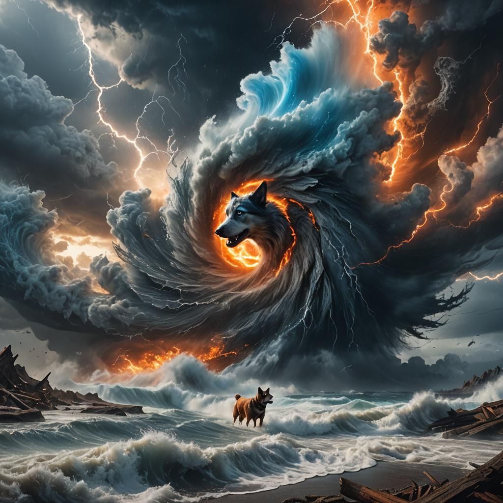 Fantasy Dog Creature Forms Hurricane Eye: Digital Art
