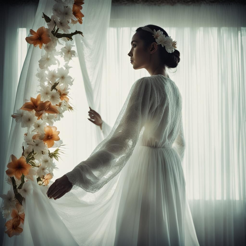 Hawaiian Woman with Flowers Reaching Through Curtain