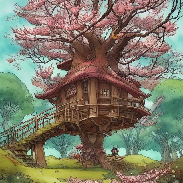 Treehouse in Sakura Forest: Watercolor Comic Art