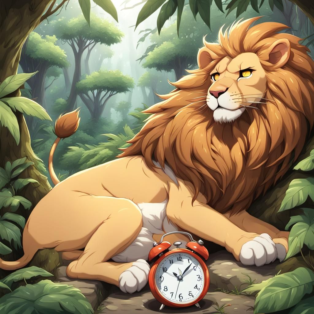 Cartoon Lion Napping in Jungle, Anime Style