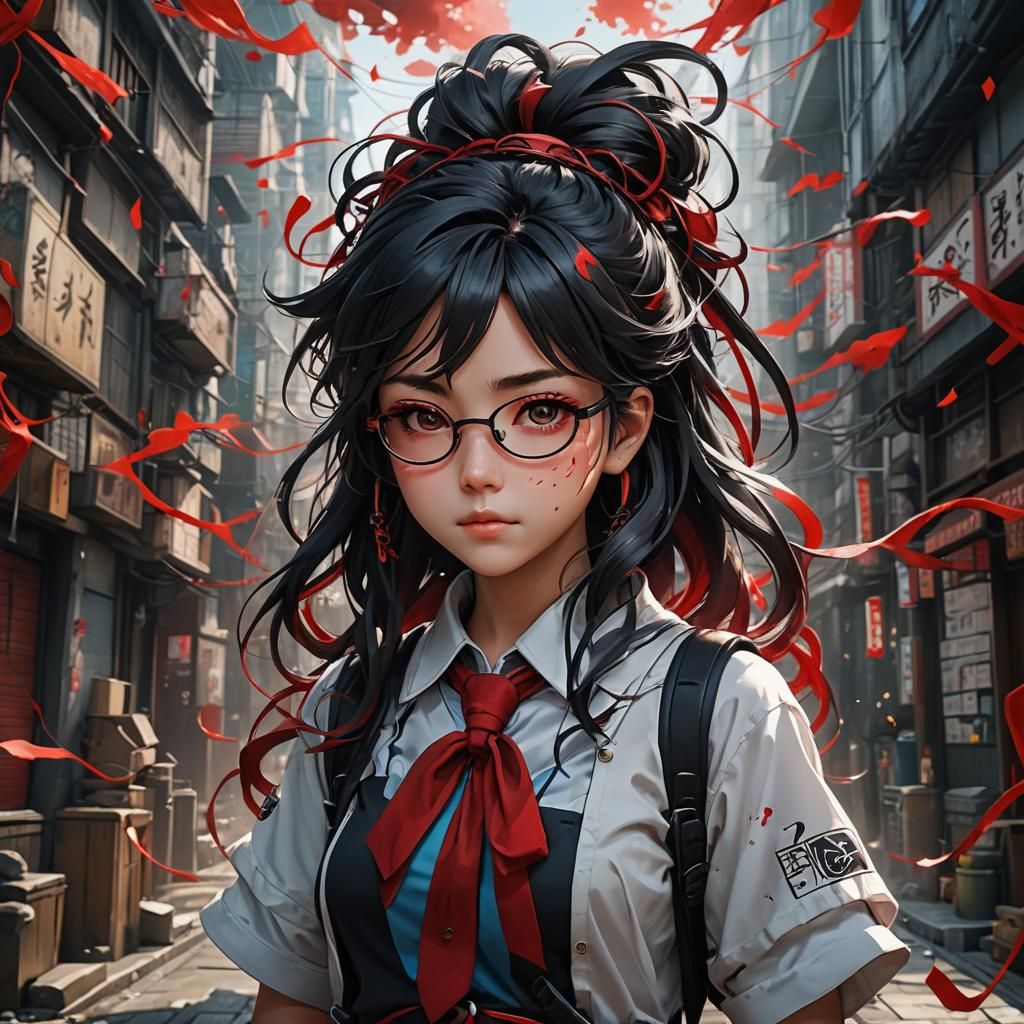 Anime Girl with Black Hair and Red Glasses