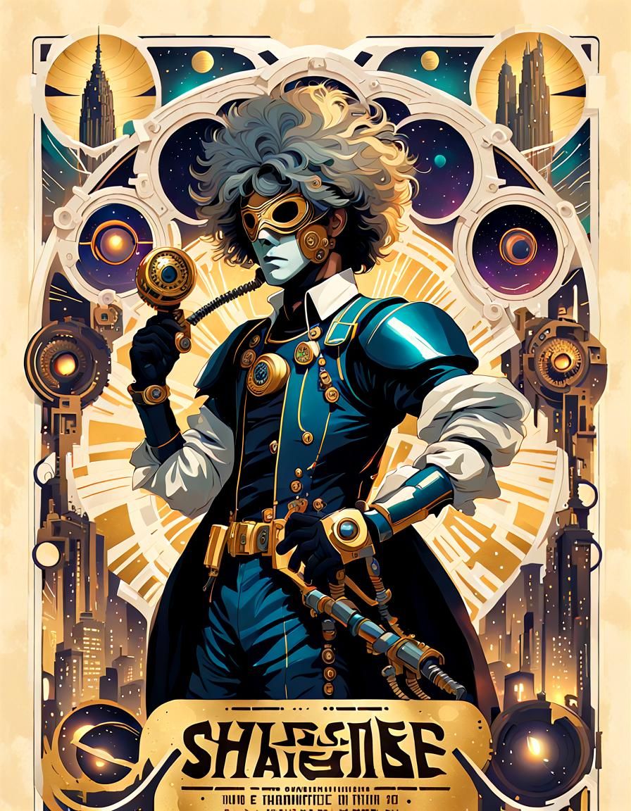 Charismatic Villain in Dystopian City, Art Nouveau Watercolo...