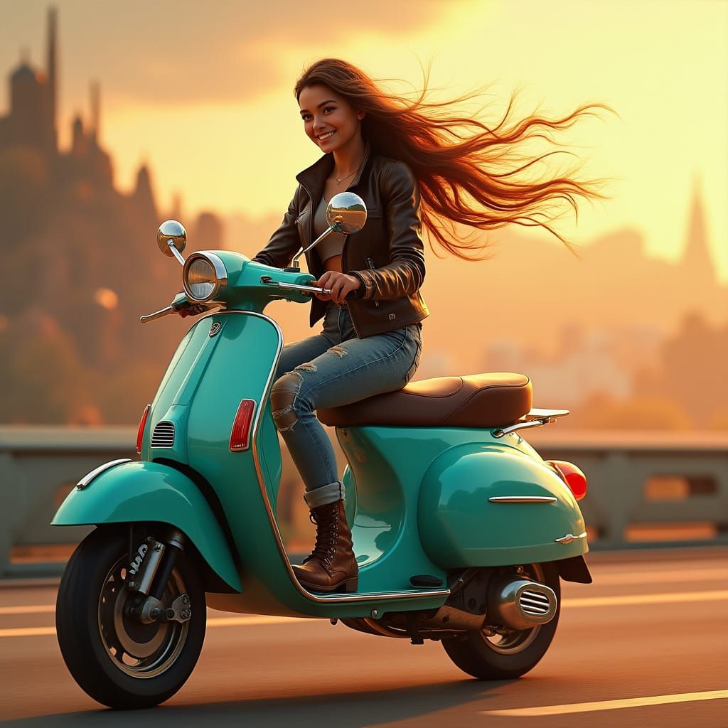 Futuristic Realism: Young Woman Riding Vintage-Inspired Vesp...