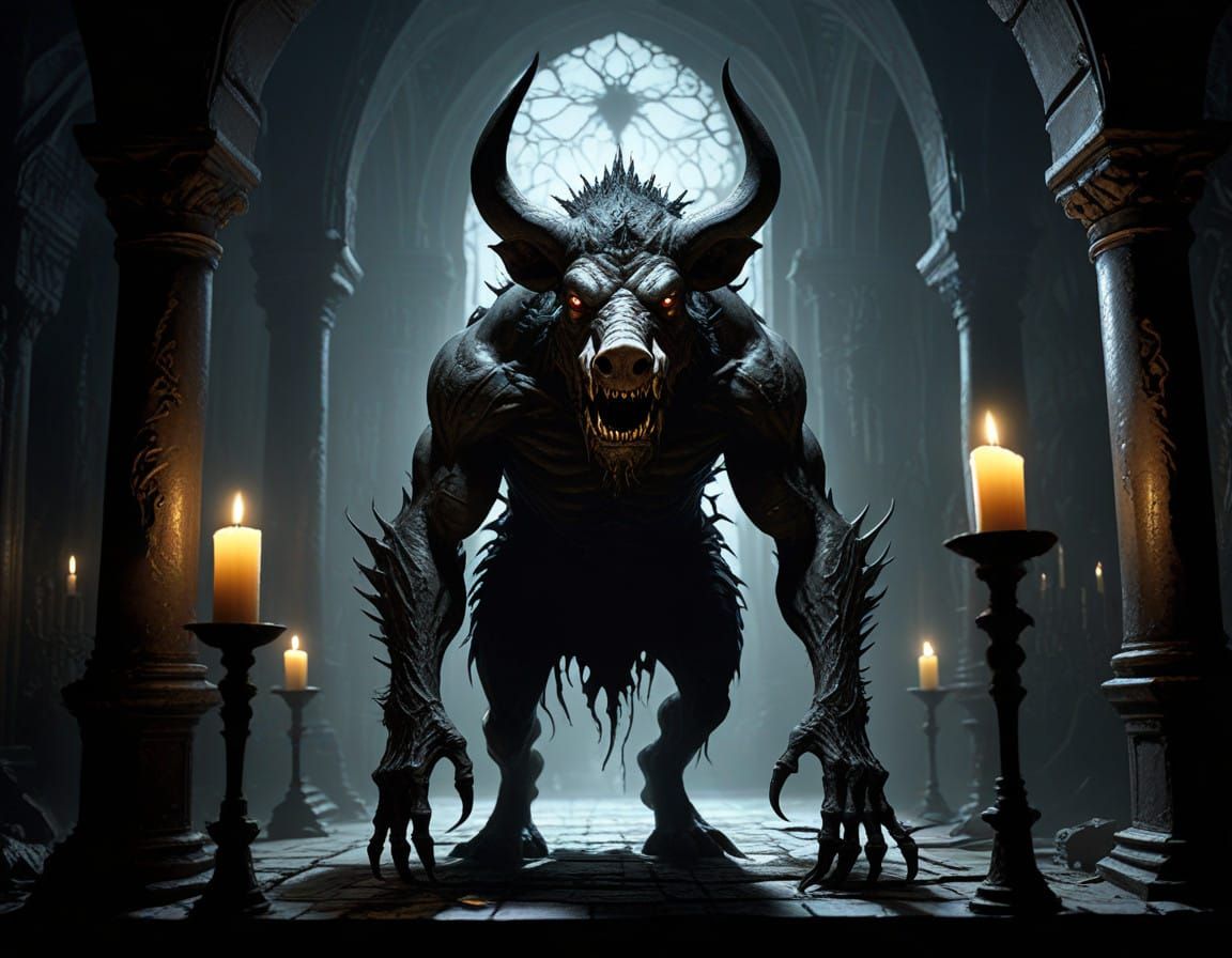 Grotesque, Pale Beast with Twisted Body and Sharp Tusks