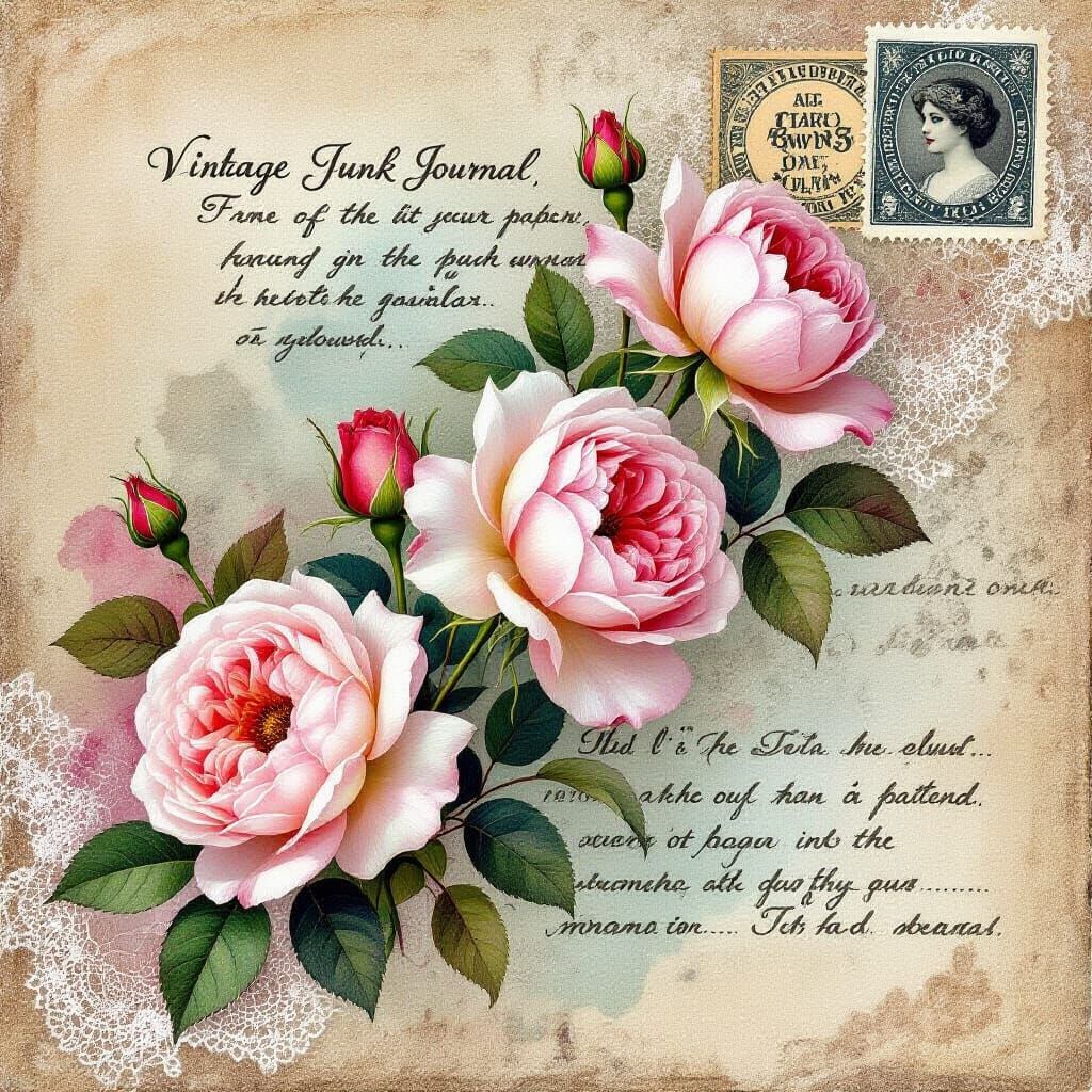 Vintage Junk Journal Page with Faded Roses and Script