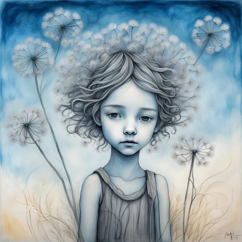 A pencil and charcoal sketch of a cute happy little dandelio...