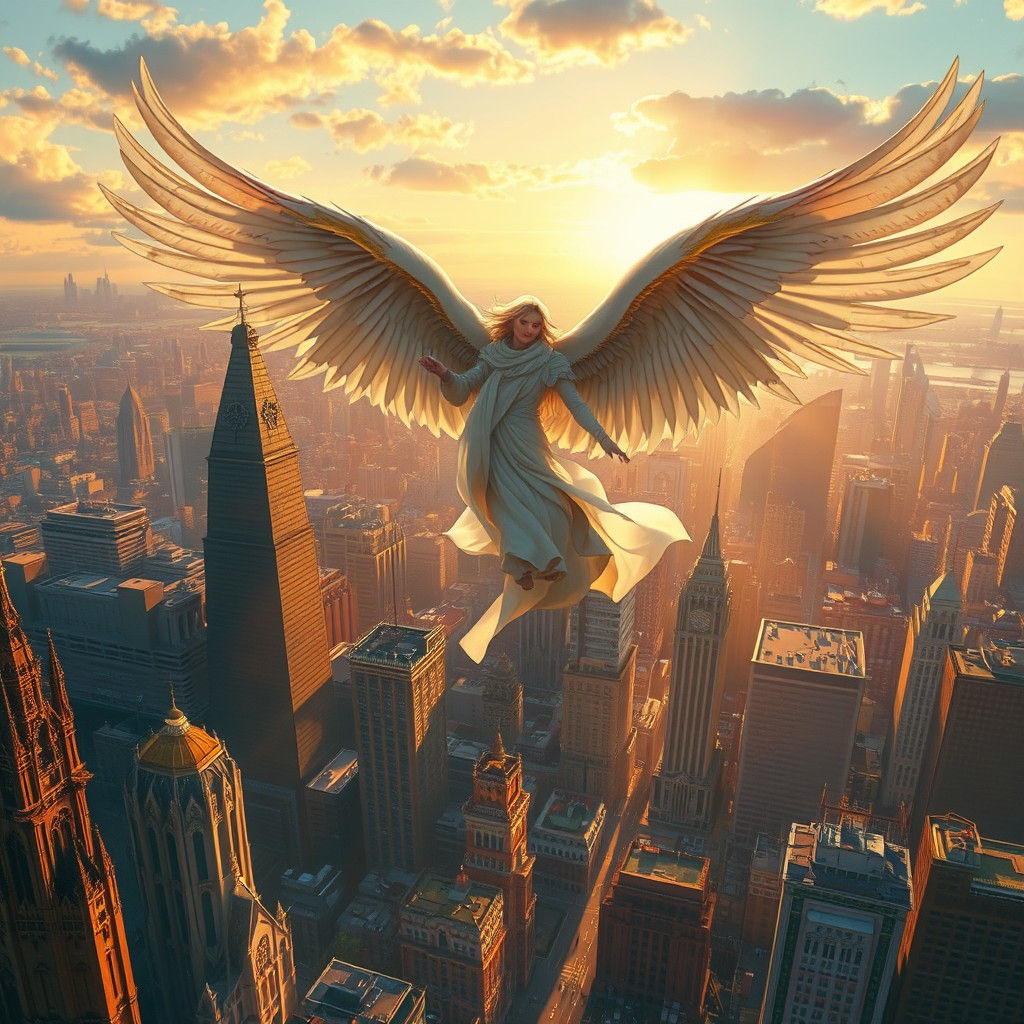 Angel Soaring Above Metropolis at Sunset