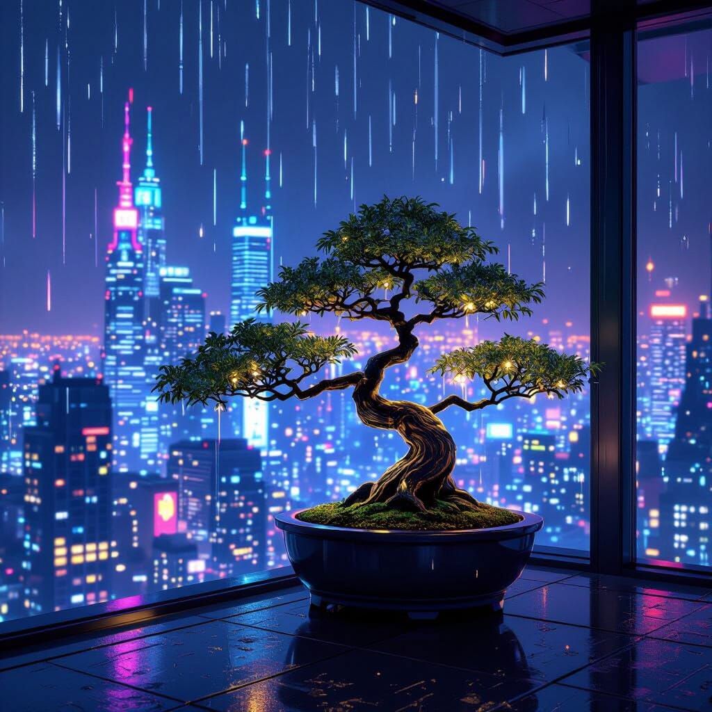 Bioluminescent Bonsai Over Cyberpunk Cityscape