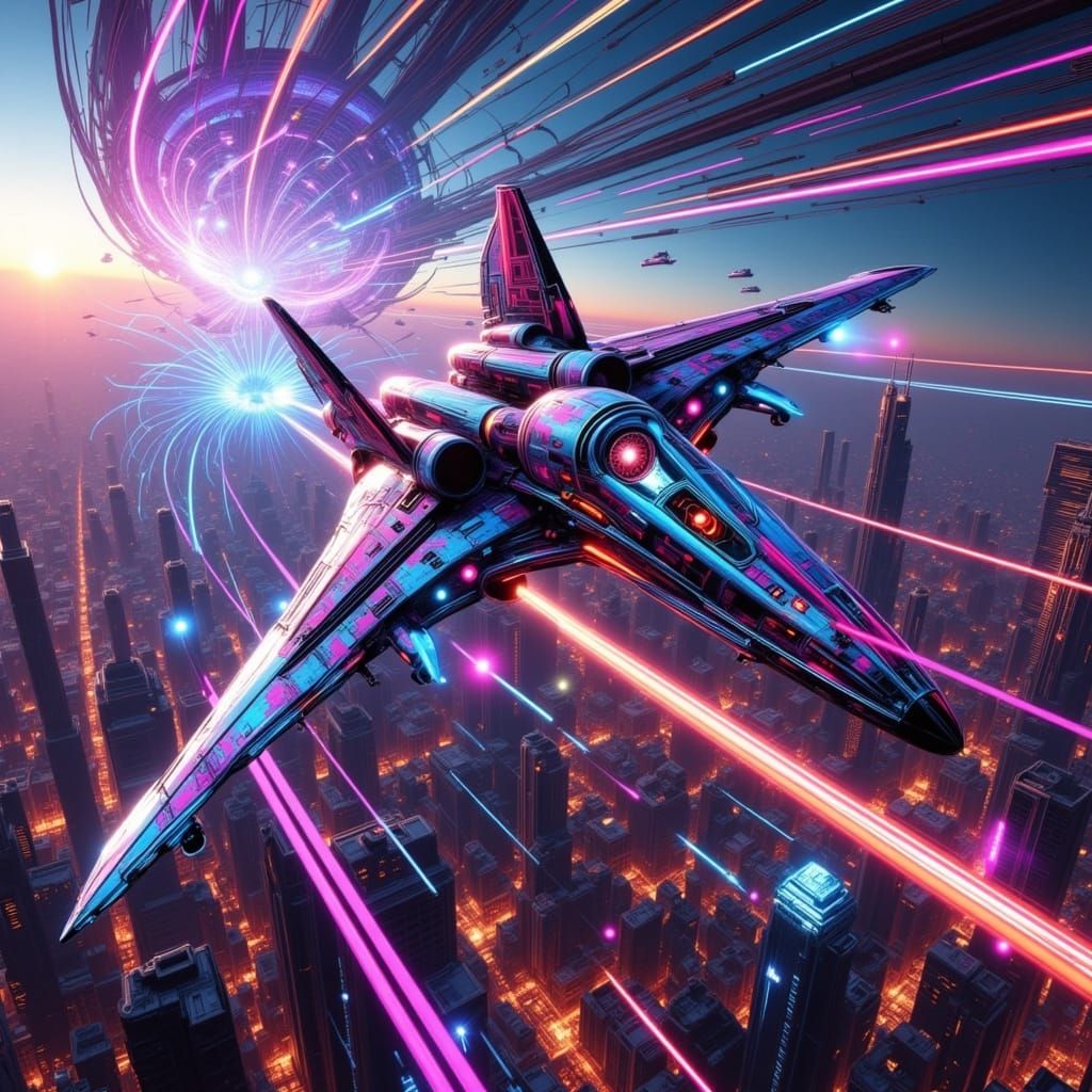 Surreal Futuristic Spacecraft Engage in Ephemeral Dogfight