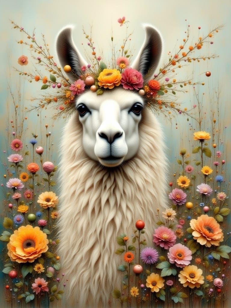 Llama in Floral Garland, Oil Painting Style