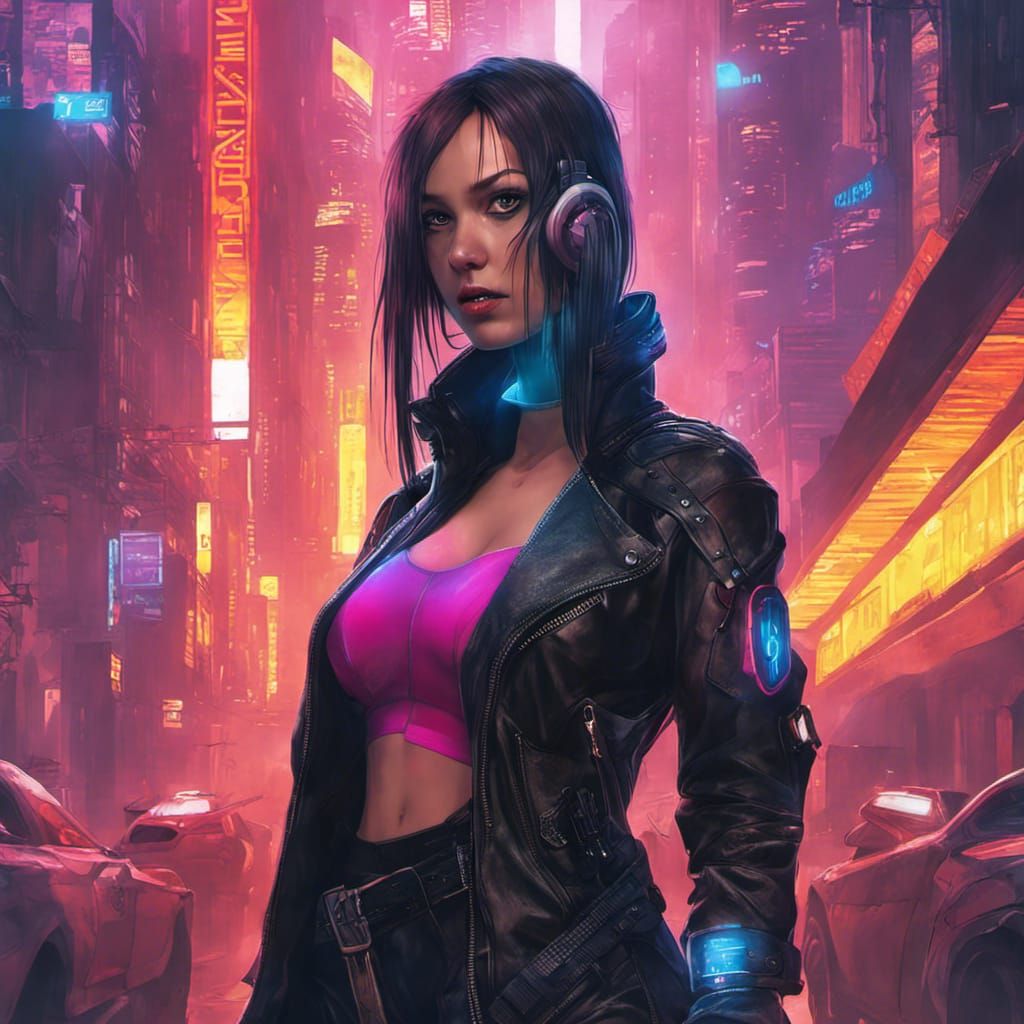 Cyberpunk Lady in Neon Cityscape