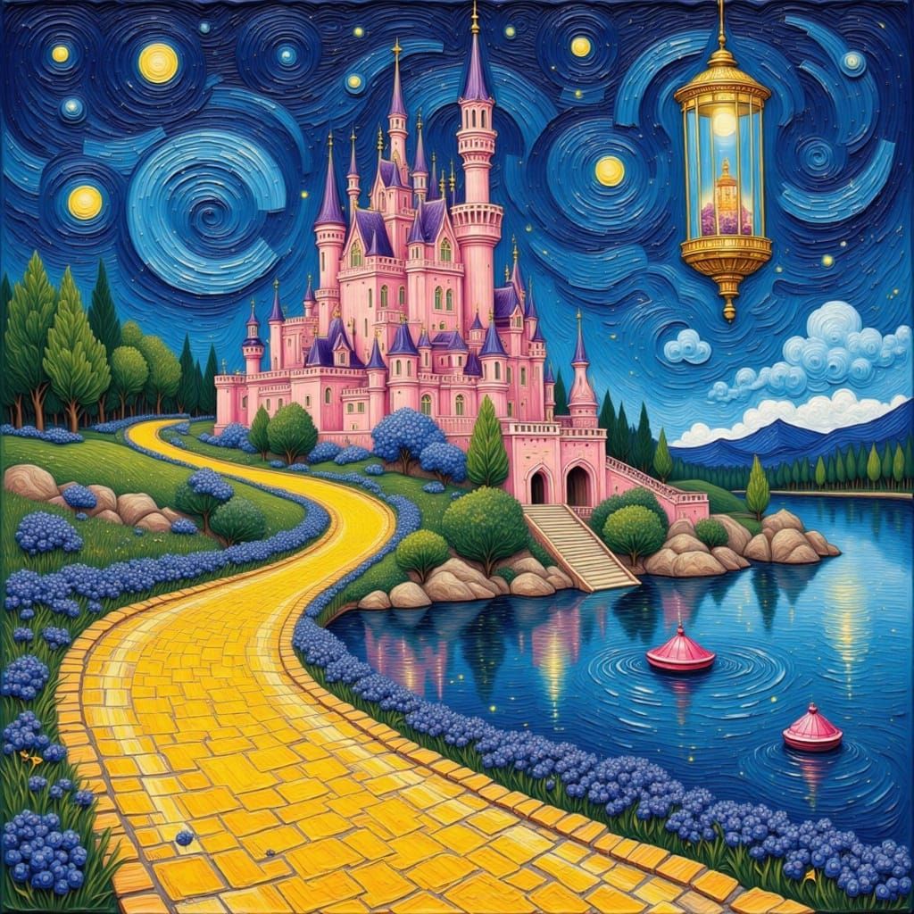 Golden Brick Road to Pink Disney Castle Under Starry Sky