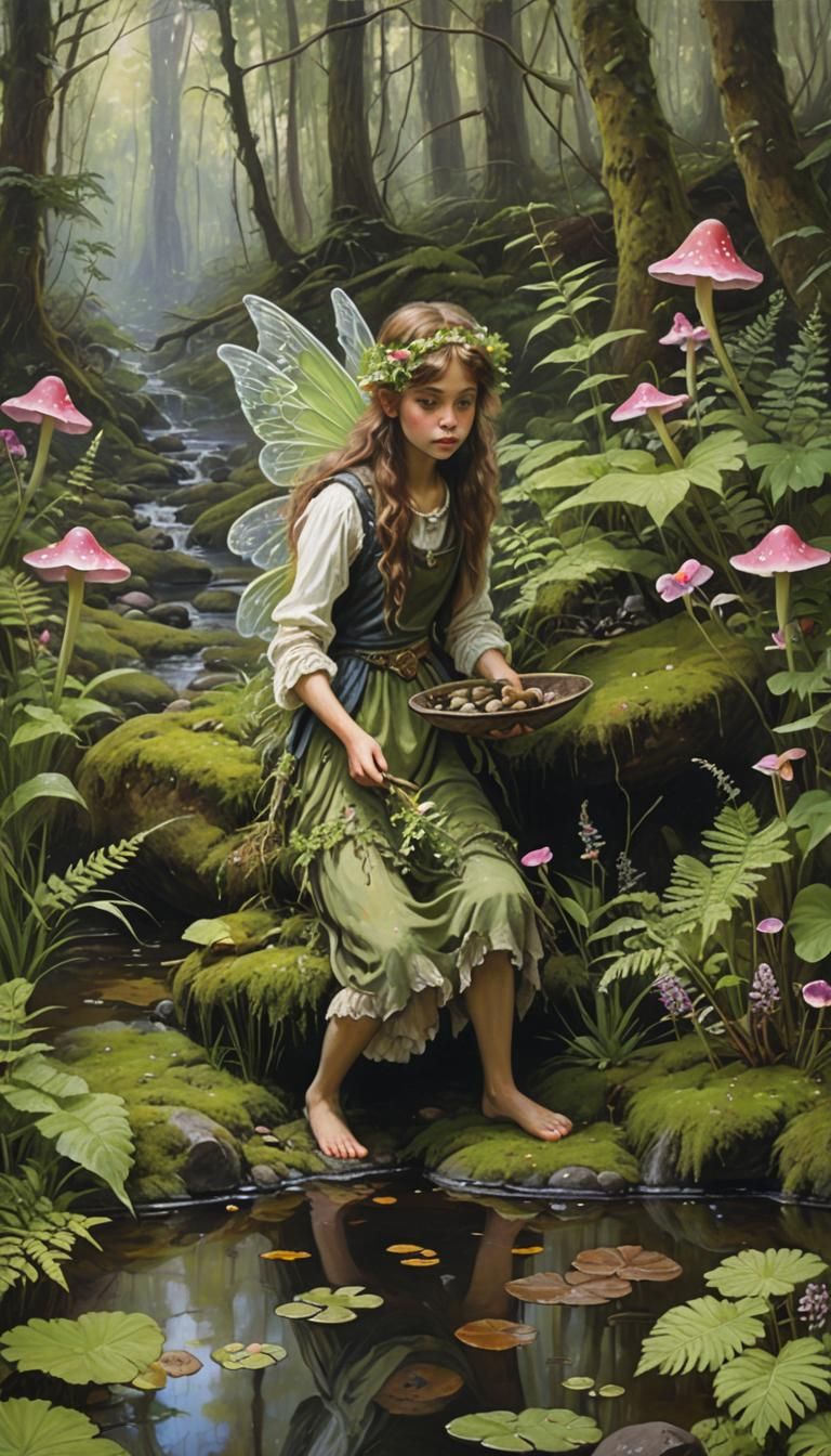 Forest Fairy Collecting Rocks: An Oil Painting