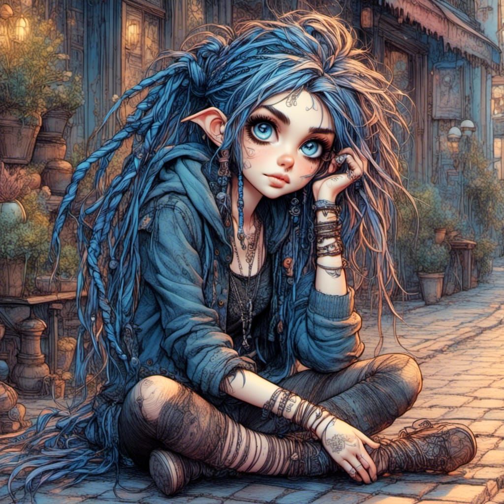 Punk Woman with Blue Braids Hand Drawn Illustration
