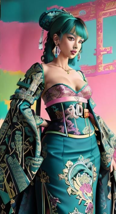 Rococo Lady in Teal and Green Brocade