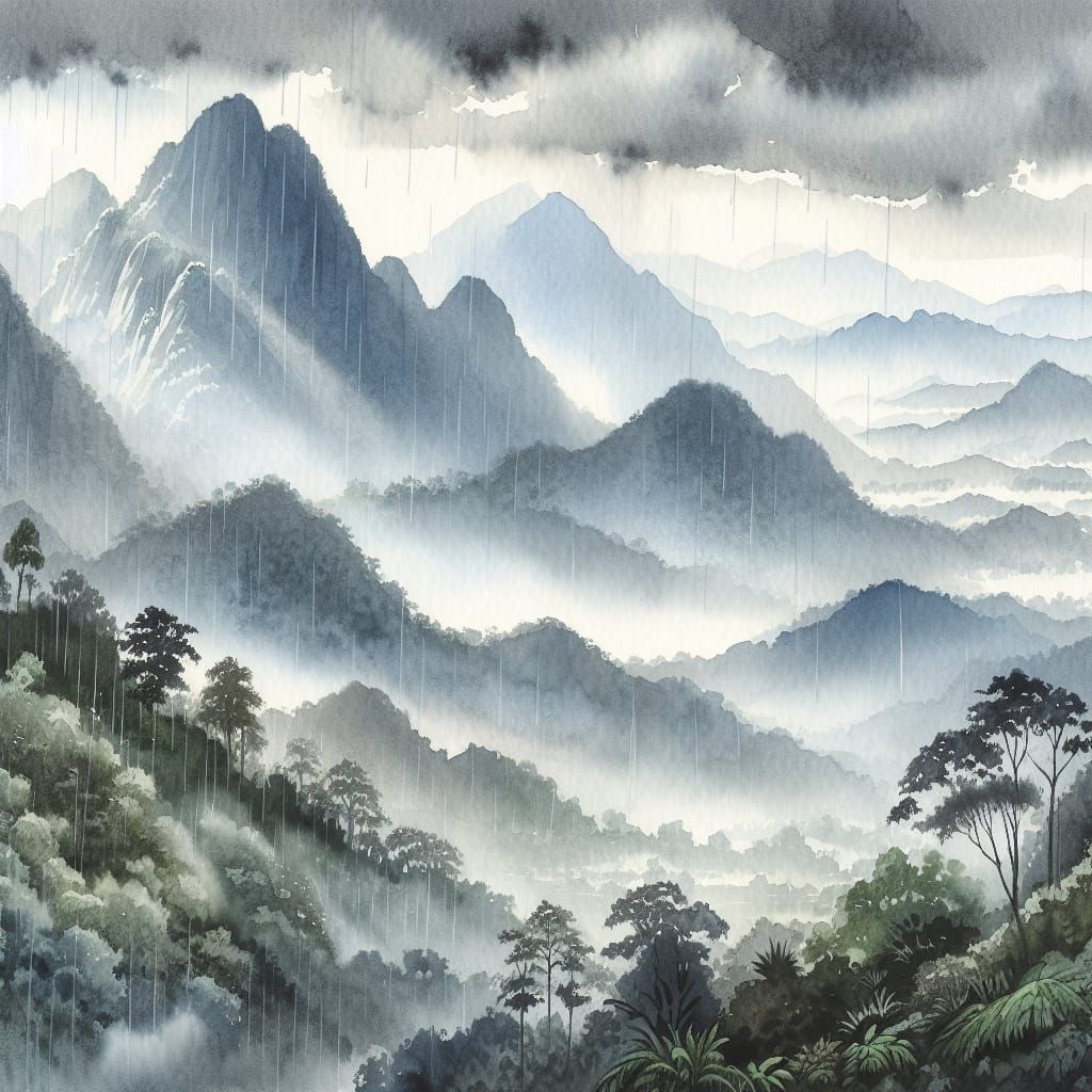 Rainy Season in the Mountains: A Watercolour Landscape