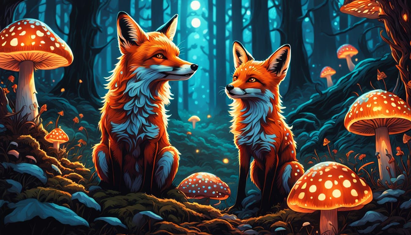 Enchanted Forest: Foxes and Glowing Mushrooms in Comic Style